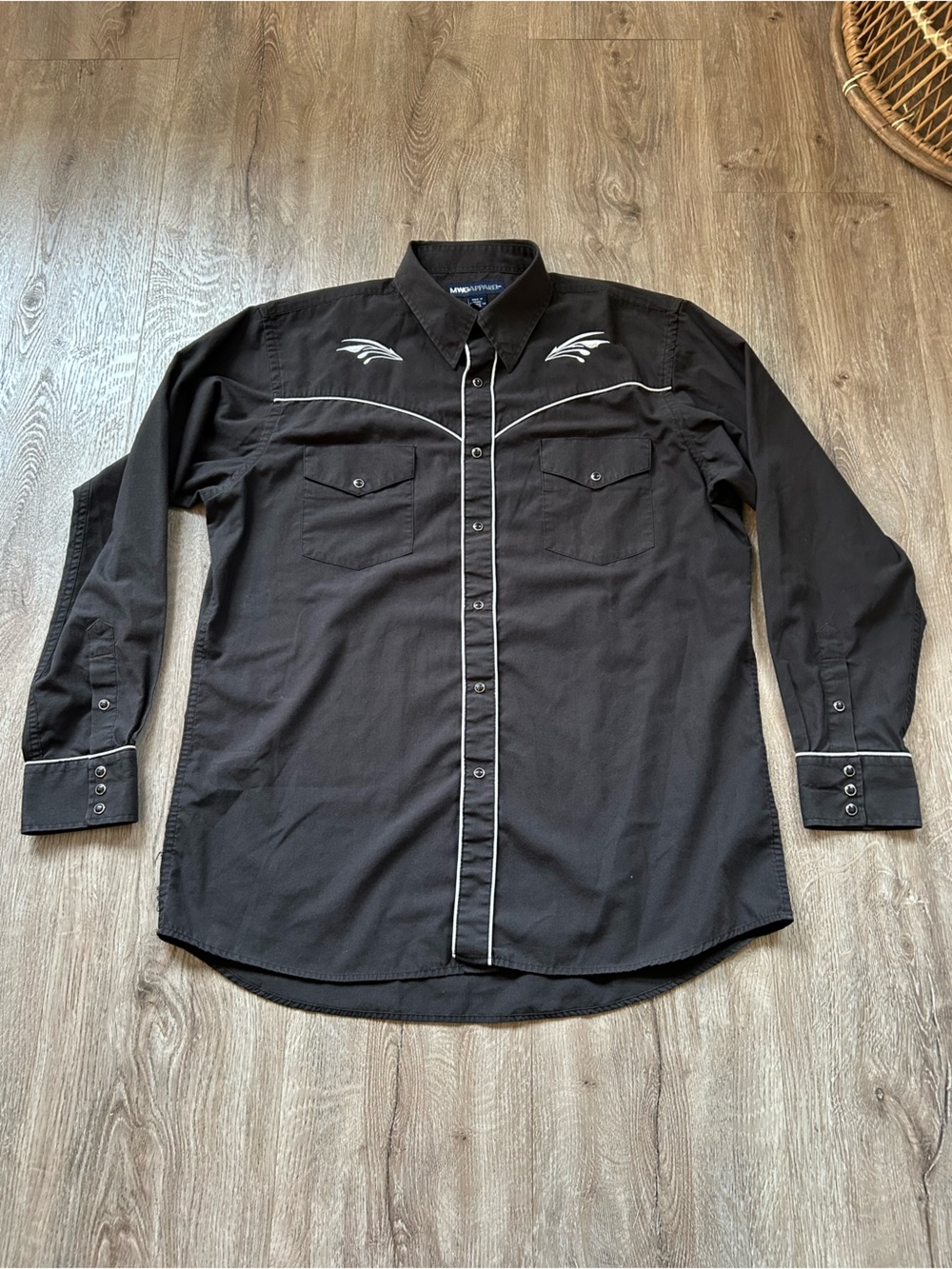 Vintage Black Western Shirt with Snap Button and White Piping